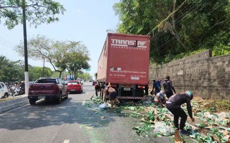 Caminhão carregado com cerveja tomba e moradores aproveitem para pegar latas e long neck