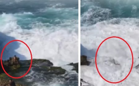 Jovem é levado por onda gigante enquanto tirava foto em pedras