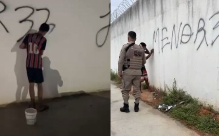Jovens são detidos por pichação e mães fazem eles a limpar o muro