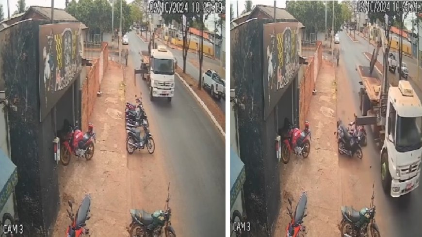 Caminhão guincho destrói quatro motos estacionadas em frente a oficina
