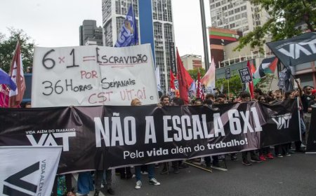 Manifestantes realizando ato na Avenida Paulista em apoio ao PEC que reduz jornada de trabalho para 36 horas semanais