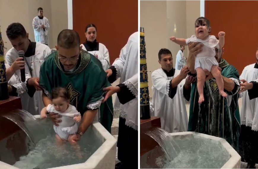 Padre mergulha bebê com tudo em batismo e divide opiniões