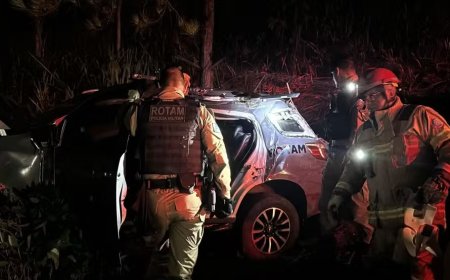 Policial perde controle de viatura, atravessa pista e capota em barranco