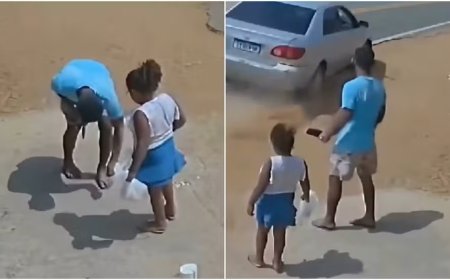 Pai e filha param para pegar moeda no chão e escapam de atropelamento; vídeo