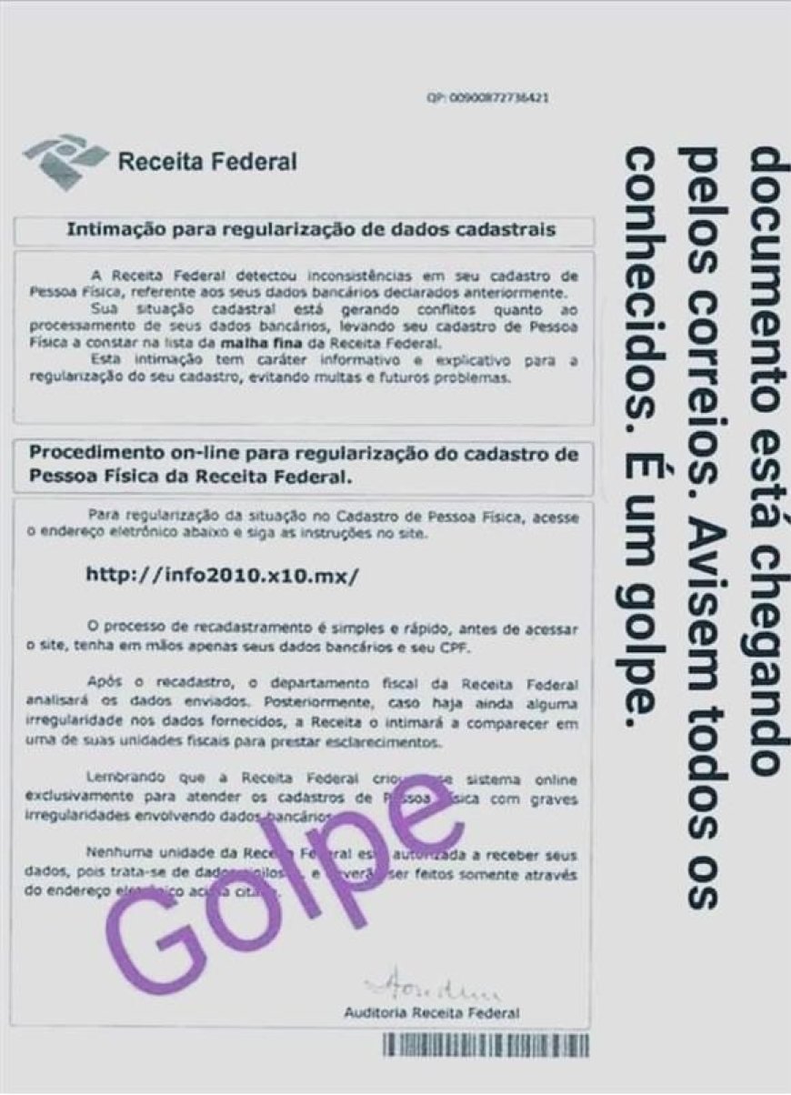 Receita Federal alerta para retorno de golpe por correspondência com uso indevido do seu nome