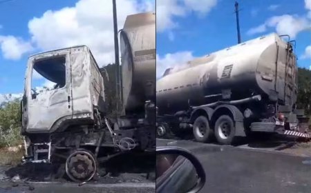 Caminhão-tanque pega fogo em rodovia