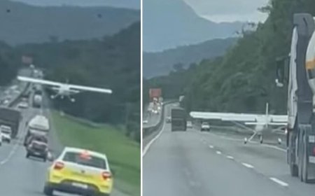 Avião faz pouso forçado entre carros e caminhões em rodovia