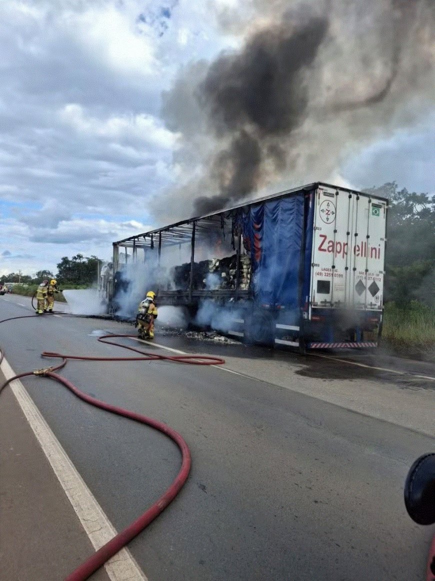 Caminhão carregado com trigo pega fogo em Minas Gerais