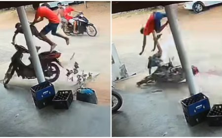 Criança de 9 anos pilota moto com adolescente na garupa e os dois "voam" após colisão em calçada no interior do Ceará