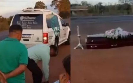 Caixão com corpo cai de carro funerário e fica no acostamento da BR-153 após motorista seguir viagem