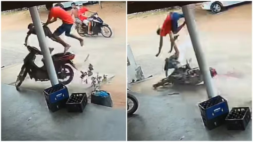 Criança de 9 anos pilota moto com adolescente na garupa e os dois "voam" após colisão em calçada no interior do Ceará