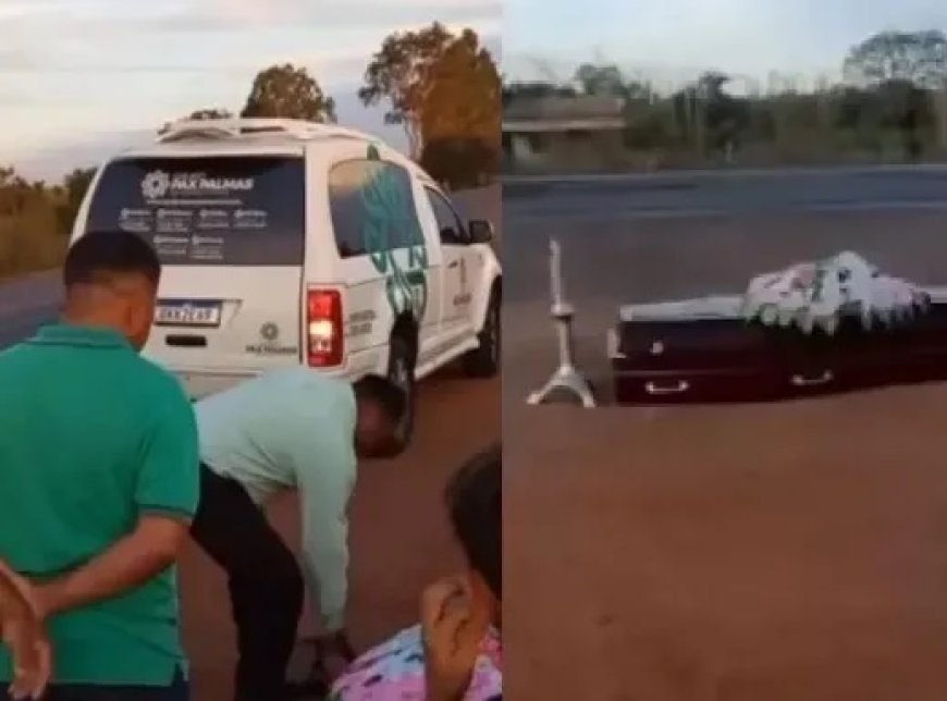 Caixão com corpo cai de carro funerário e fica no acostamento da BR-153 após motorista seguir viagem