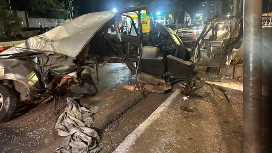 Carro é partido ao meio após batida em racha com 3 veículos em Cuiabá