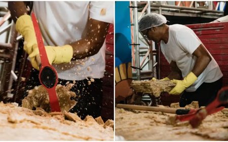 Rapadura de 18 toneladas é repartida com picaretas e britadeiras no Ceará