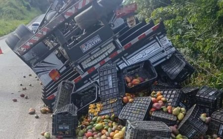 Homem morre após caminhão carregado com manga tombar
