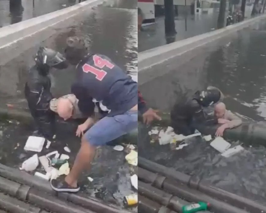 Vídeo: idoso cai em canal durante fortes chuvas e alagamentos em Santos