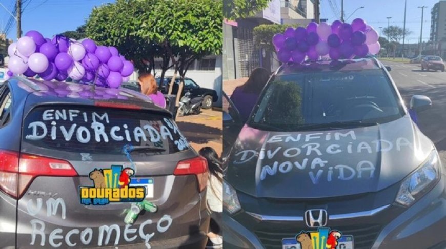 Mulher celebra divórcio com carro decorado e buzinaço e vídeo viraliza; Confira
