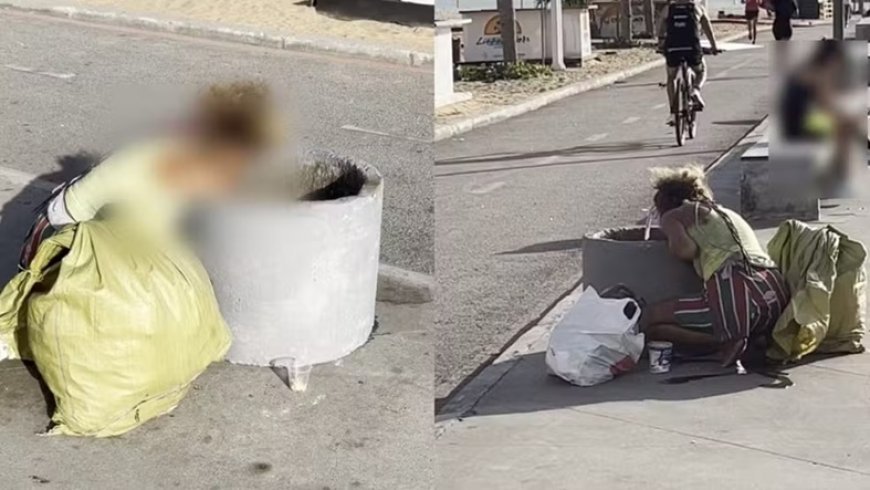 Mulher é vista comendo em lixeira de cartão-postal de Fortaleza