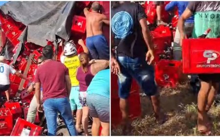 Caminhão tomba na BR-222 e carga de cerveja é saqueada por populares