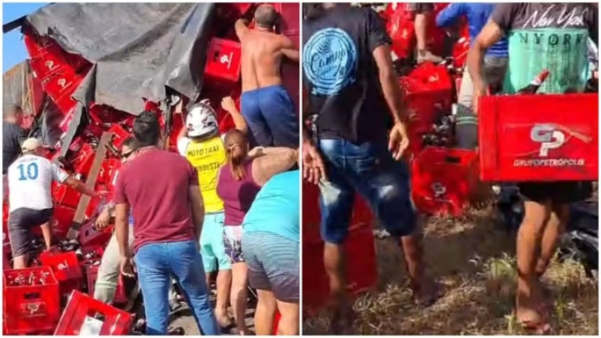 Caminhão tomba na BR-222 e carga de cerveja é saqueada por populares