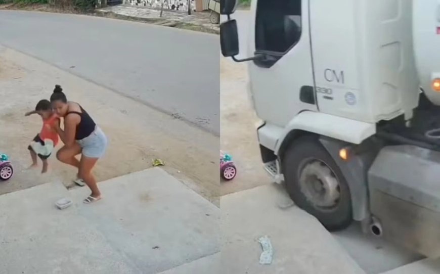 Mulher salva criança segundos antes de caminhão sem freio passar por cima de calçada