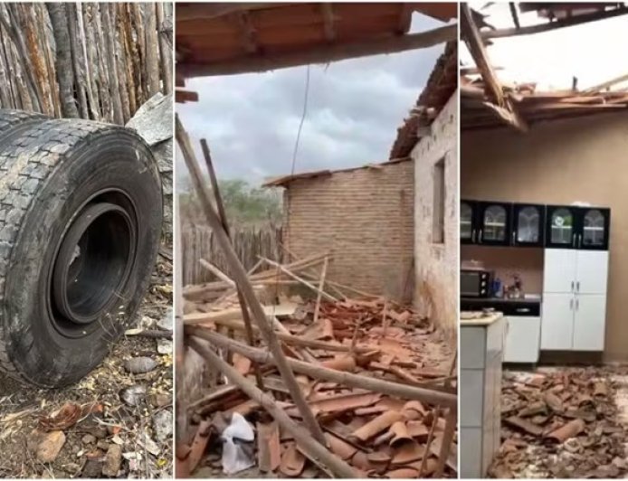 Pneu se solta de caminhão, atinge casa e destrói cozinha