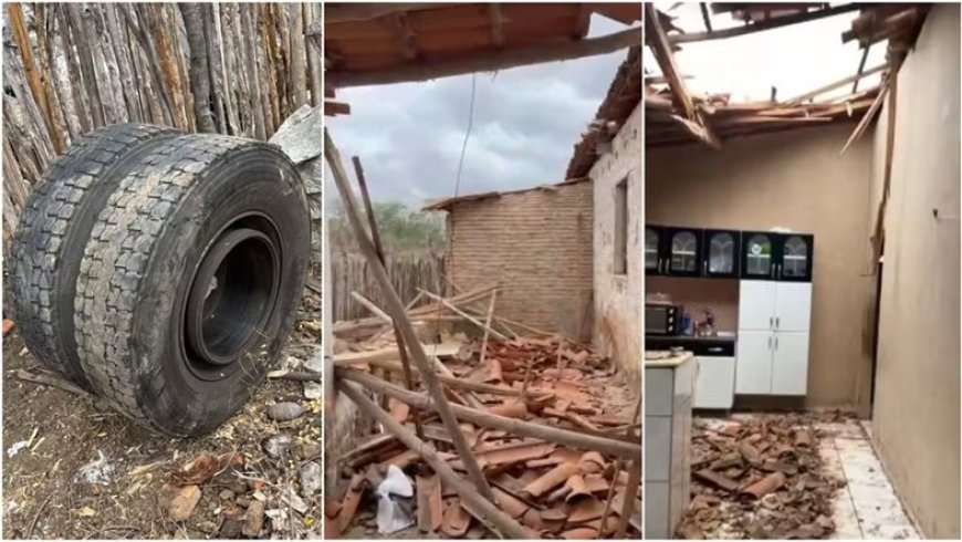 Pneu se solta de caminhão, atinge casa e destrói cozinha