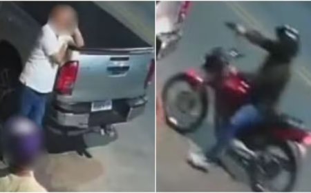 Criminoso erra tiros contra comerciante, deixa arma cair e não consegue ligar moto