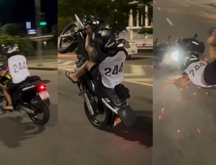 Motociclista tenta “grau”, perde controle e é arremessado no asfalto