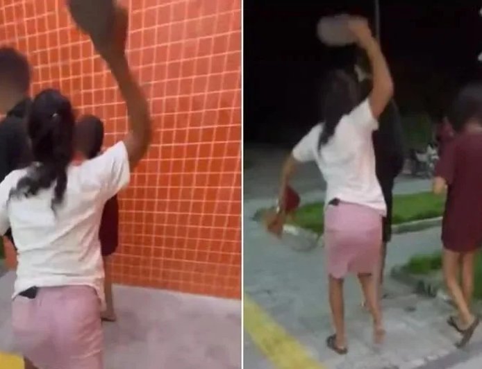 Mãe tira filho da delegacia a chineladas após ele ser preso com drogas e fazer símbolo de facção