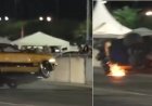 Vídeo mostra carro de arrancadão destruído após forte batida; piloto sai ileso e emociona ao relatar acidente.