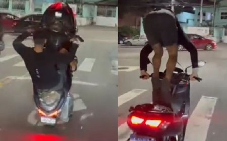 Motociclista tenta 'dar grau', perde o controle e cai de cara no asfalto