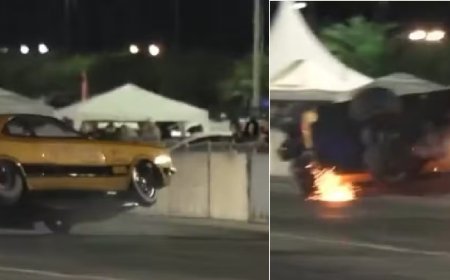 Vídeo mostra carro de arrancadão destruído após forte batida; piloto sai ileso e emociona ao relatar acidente.