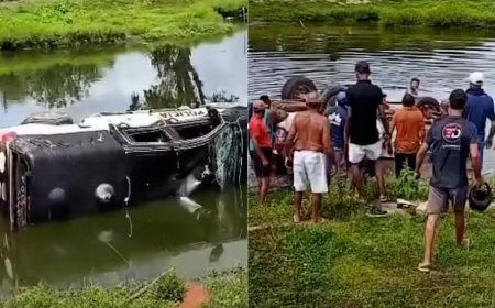 URGENTE: Viatura da Polícia Civil capota e afunda em açude; policial fica gravemente ferida