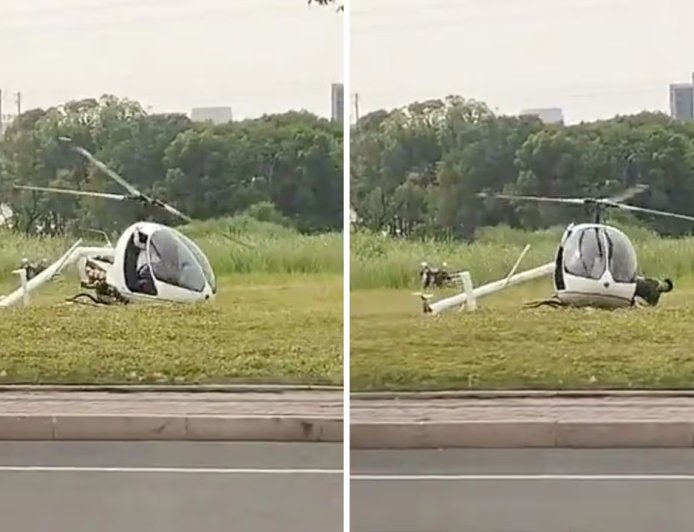 Helicóptero perde o controle e deixa dois feridos na China; veja as imagens