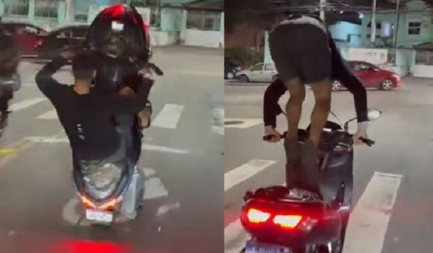 Motociclista tenta 'dar grau', perde o controle e cai de cara no asfalto