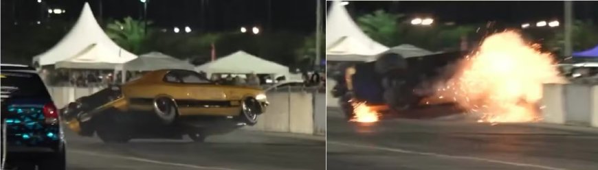 Vídeo mostra carro de arrancadão destruído após forte batida; piloto sai ileso e emociona ao relatar acidente.
