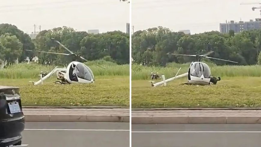 Helicóptero perde o controle e deixa dois feridos na China; veja as imagens