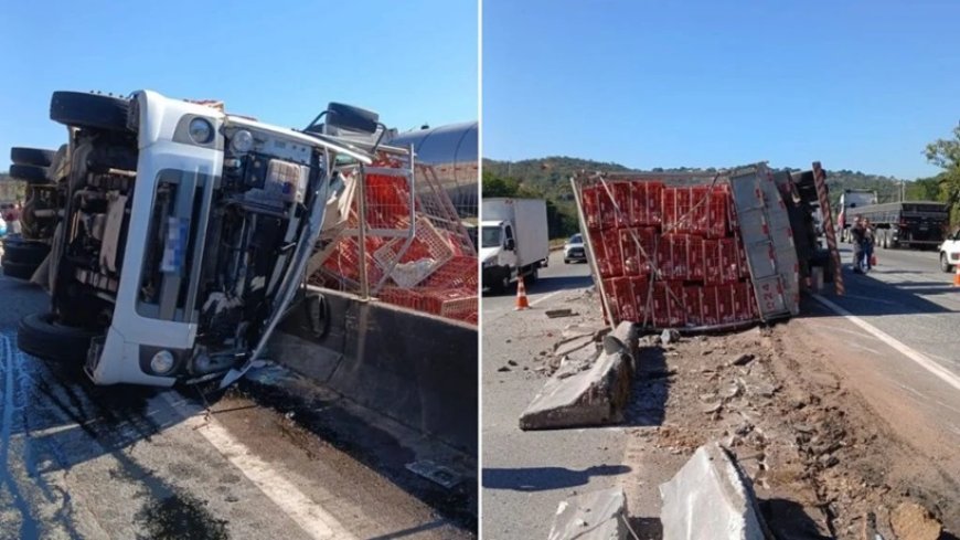 Caminhão carregado com frango tomba e motorista morre na BR-262