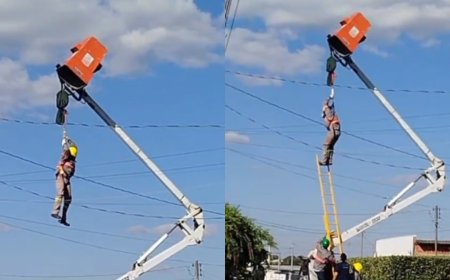 Cesto de caminhão falha e deixa trabalhador pendurado pelo cinto de segurança