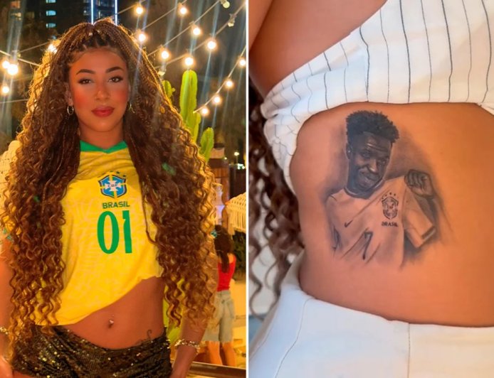 Modelo tatua rosto de Vini Jr. no corpo e depois faz desabafo surpreendente