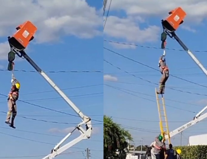 Cesto de caminhão falha e deixa trabalhador pendurado pelo cinto de segurança