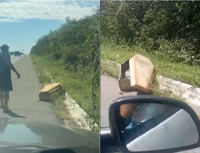 Cena inusitada: caixão abandonado na beira da estrada viraliza nas redes