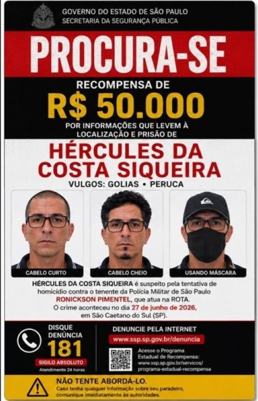 URGENTE: SP oferece R$ 50 mil por informações sobre suspeito de atirar em tenente da Rota