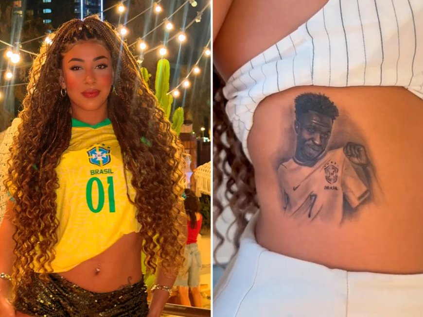 Modelo tatua rosto de Vini Jr. no corpo e depois faz desabafo surpreendente