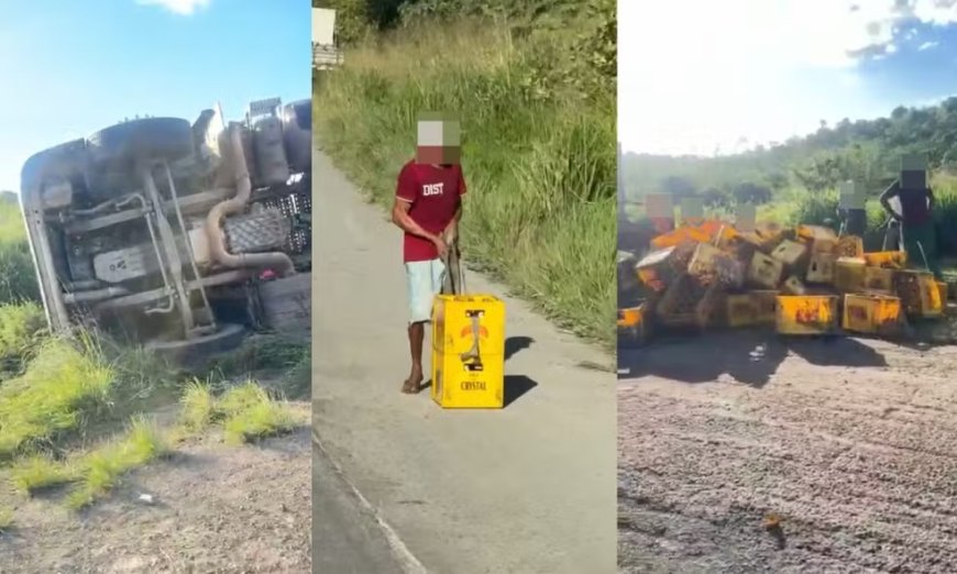 Vídeo: caminhão de cerveja tomba e populares fazem a limpa na carga