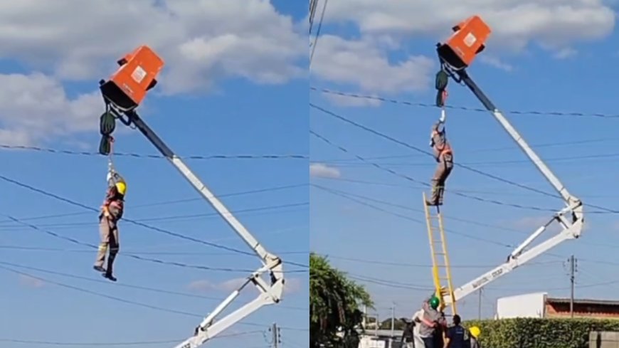 Cesto de caminhão falha e deixa trabalhador pendurado pelo cinto de segurança