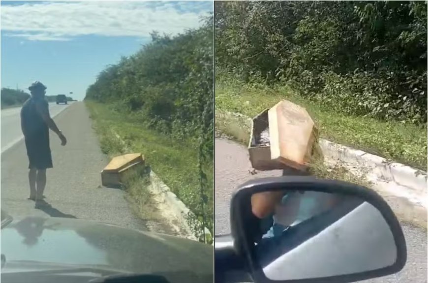 Cena inusitada: caixão abandonado na beira da estrada viraliza nas redes